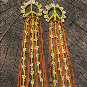 Bohemian Peace Sign Earrings with Yellow and Orange Beads